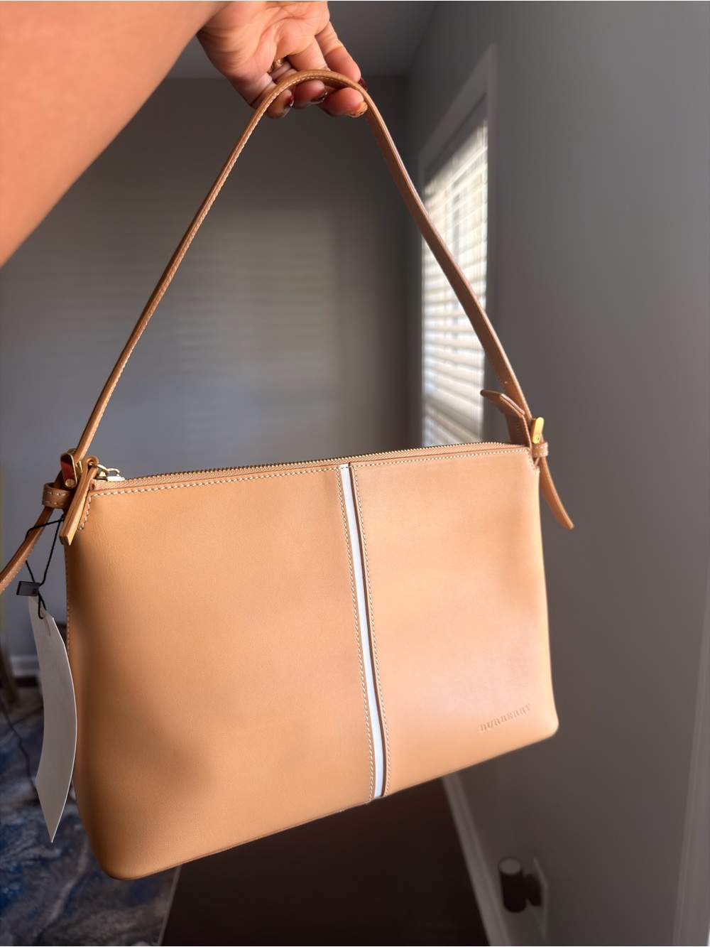 Burberry House Check Tan Leather Shoulder Bag Gold Hardware